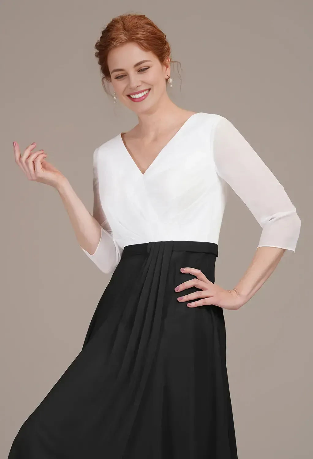 Simple A-line V Neck 3/4 Sleeves Pleated Chiffon Tea Length Mother of the Bride Dress