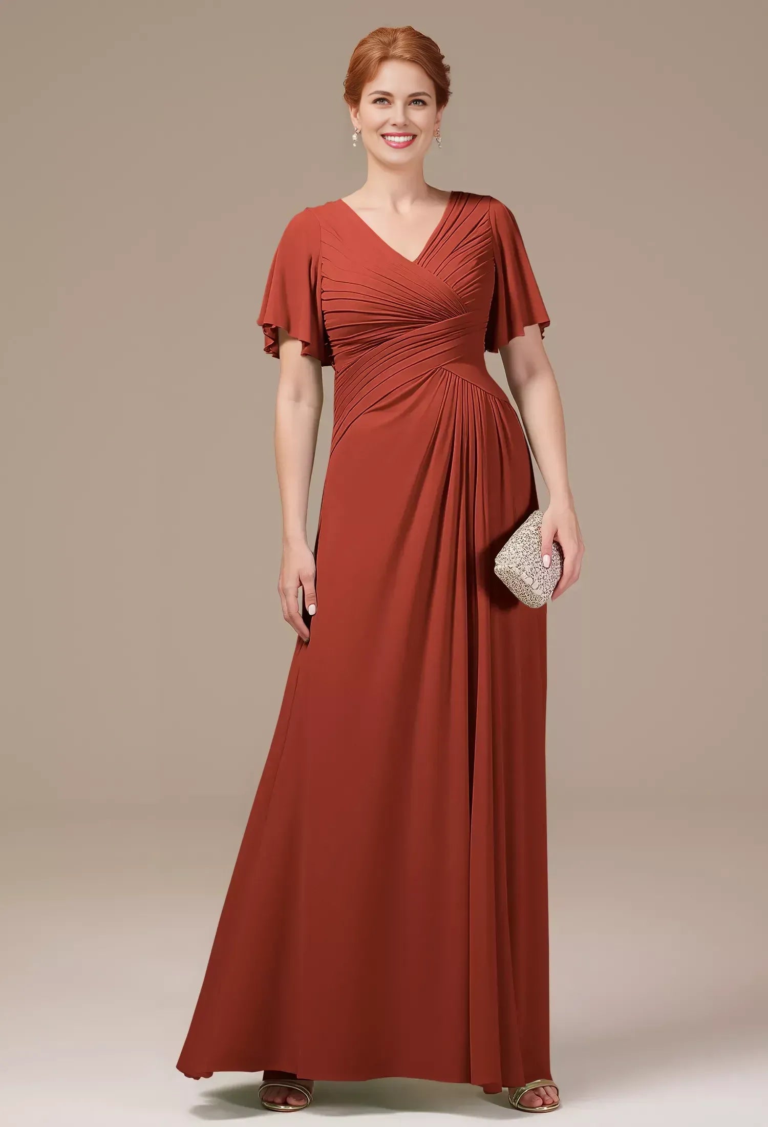 Simple A-line V Neck Short Sleeves Backless Chiffon Floor Length Mother of the Bride Dress