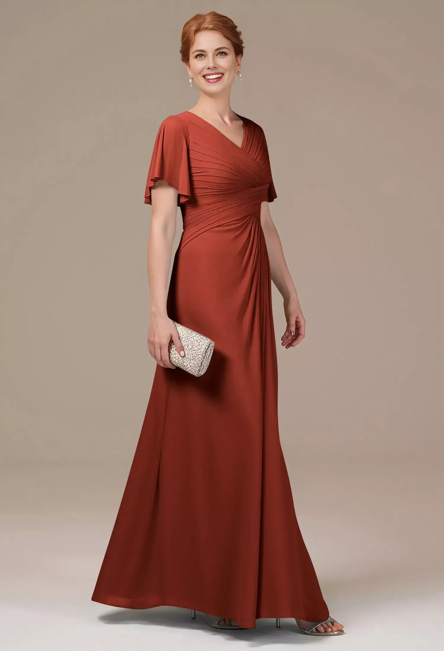 Simple A-line V Neck Short Sleeves Backless Chiffon Floor Length Mother of the Bride Dress