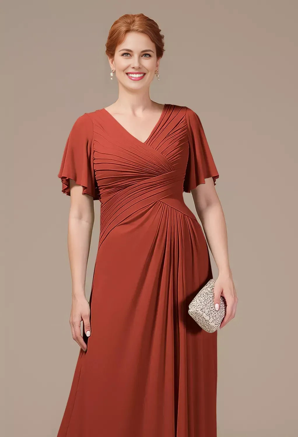 Simple A-line V Neck Short Sleeves Backless Chiffon Floor Length Mother of the Bride Dress