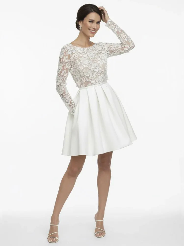Simple A Line Bateau Neck Long Sleeve Appliques Lace Short-Mini Wedding Dress