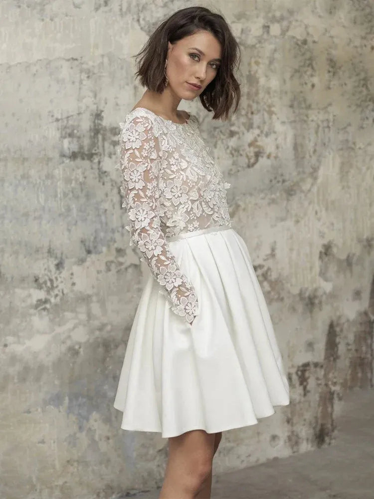 Simple A Line Bateau Neck Long Sleeve Appliques Lace Short-Mini Wedding Dress