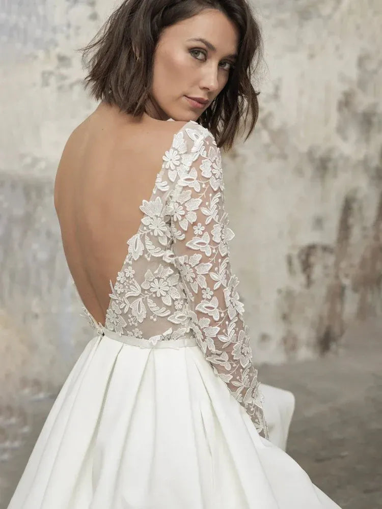 Simple A Line Bateau Neck Long Sleeve Appliques Lace Short-Mini Wedding Dress