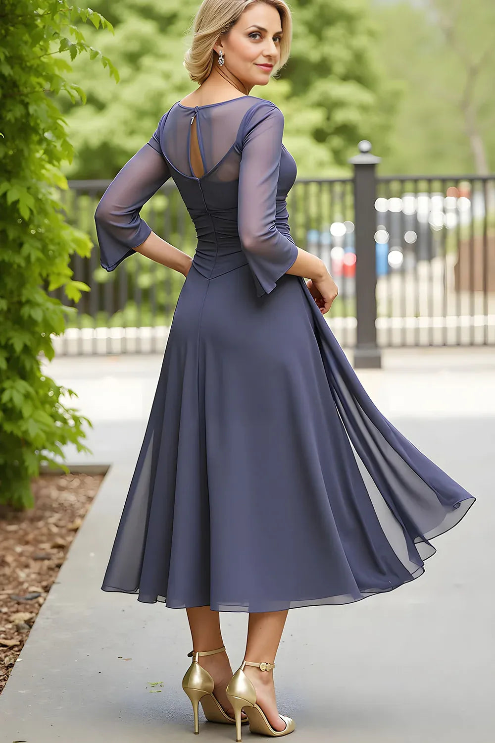 Simple A Line Boat Neck Long Sleeve Keyhole Tea-Length Mother of the Bride Dress