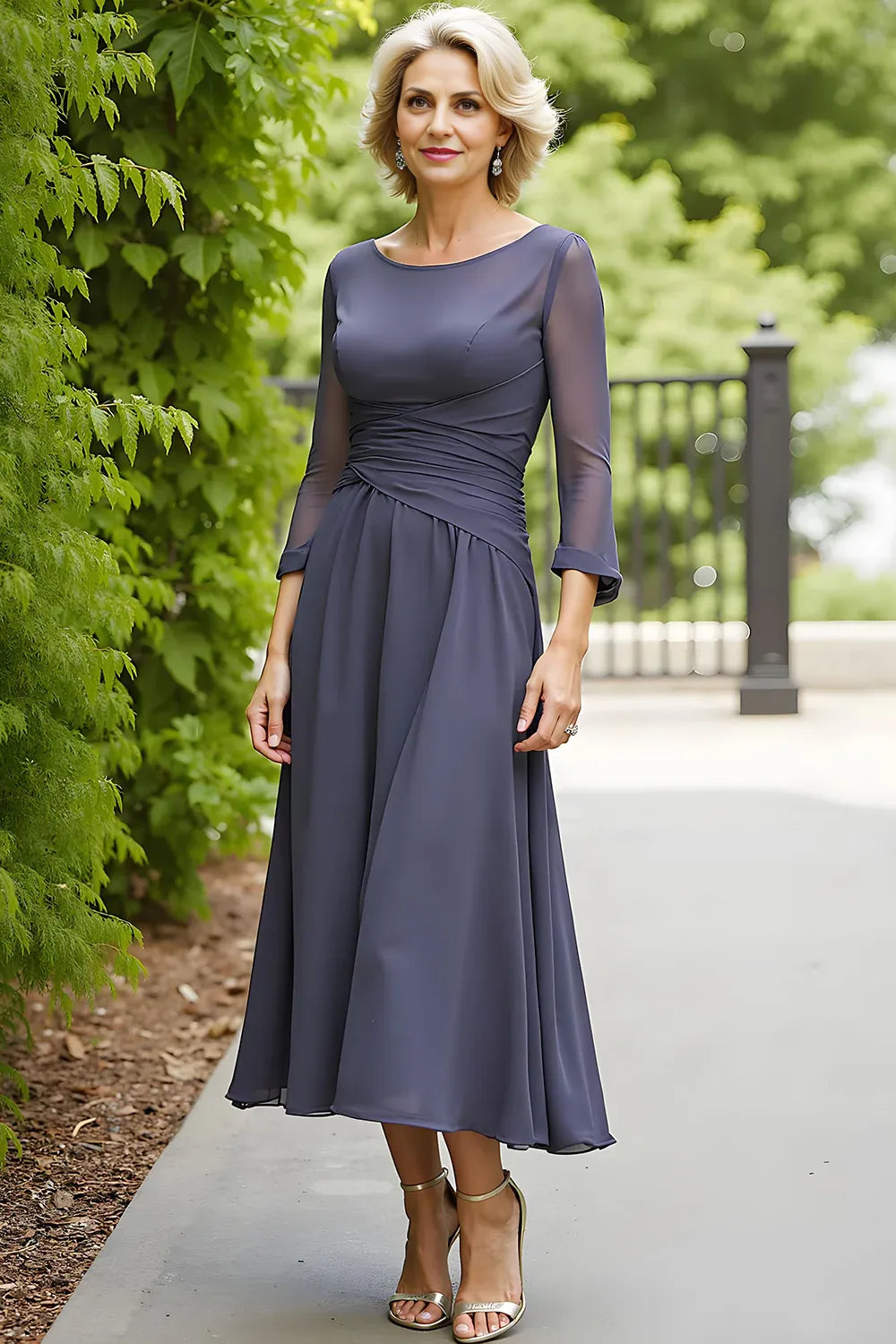 Simple A Line Boat Neck Long Sleeve Keyhole Tea-Length Mother of the Bride Dress