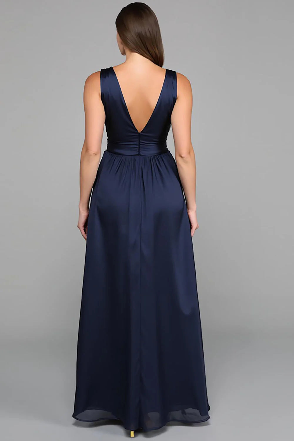Simple A Line Deep V Neck Sleeveless Satin Floor-Length Prom Dress