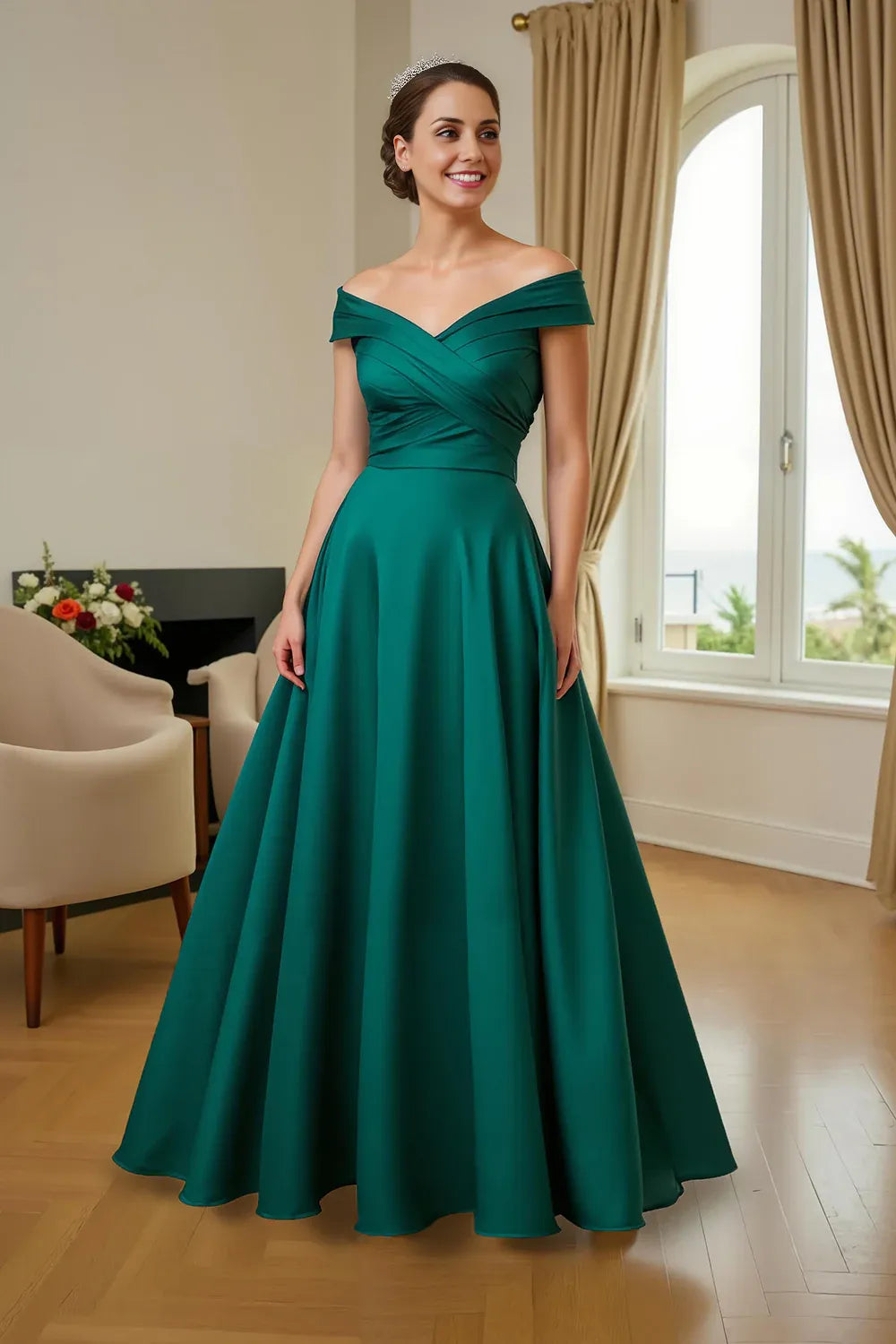 Simple A Line Off The Shoulder Cap Sleeve Zipper Up Floor-Length Mother of the Bride Dress