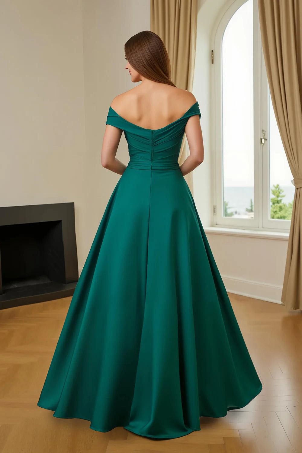 Simple A Line Off The Shoulder Cap Sleeve Zipper Up Floor-Length Mother of the Bride Dress