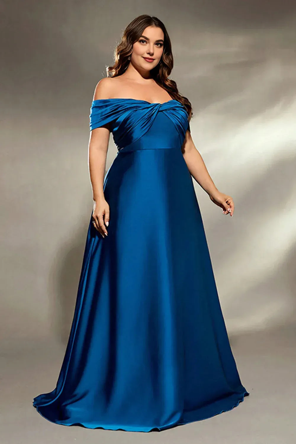 Simple A Line Off the Shoulder Pleated Satin Sweep Train Plus Size Mother of the Bride Dress