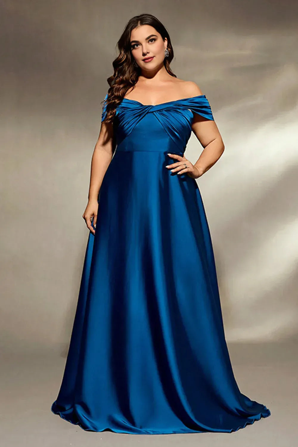 Simple A Line Off the Shoulder Pleated Satin Sweep Train Plus Size Mother of the Bride Dress