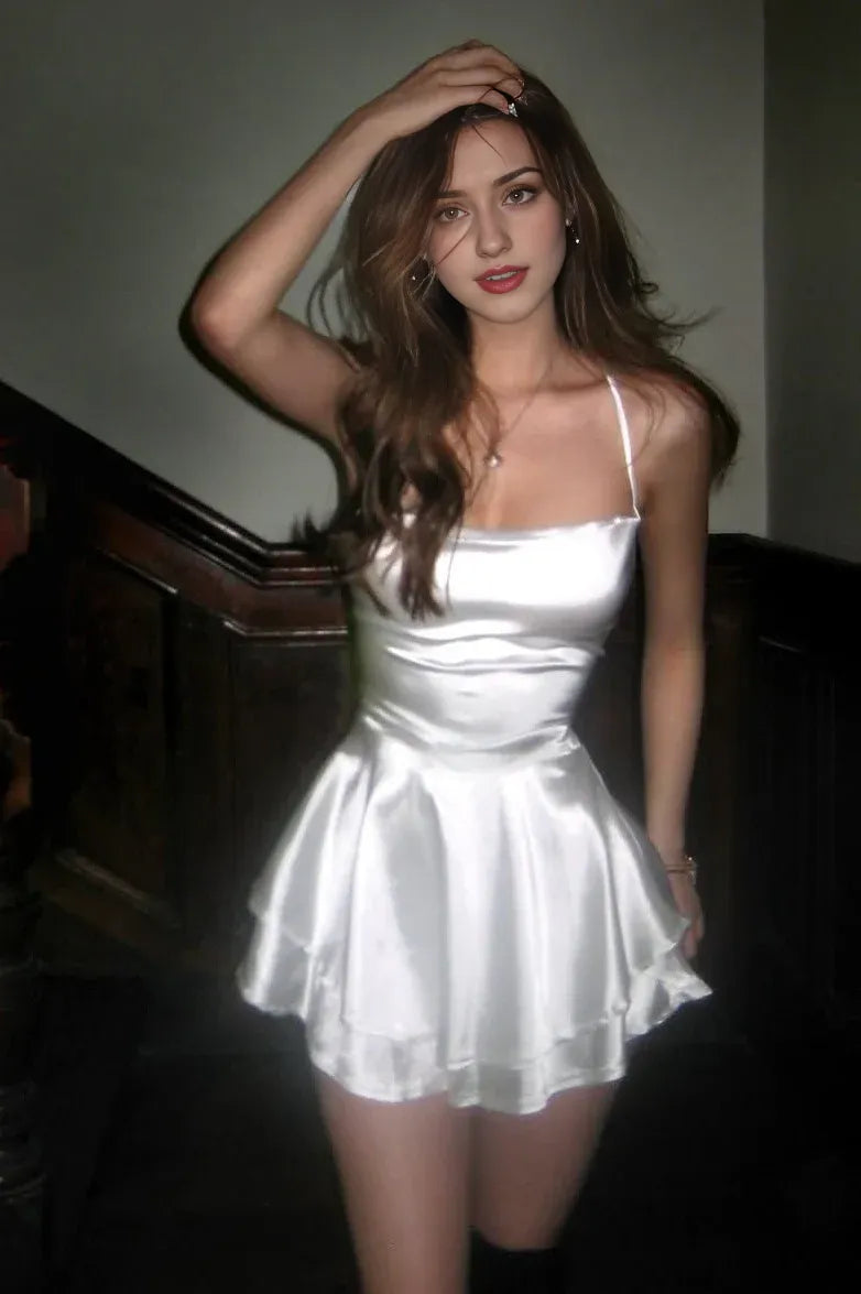 Simple A Line/Princess Spaghetti Straps Sleeveless Criss Cross Back Short-Mini Homecoming Dress