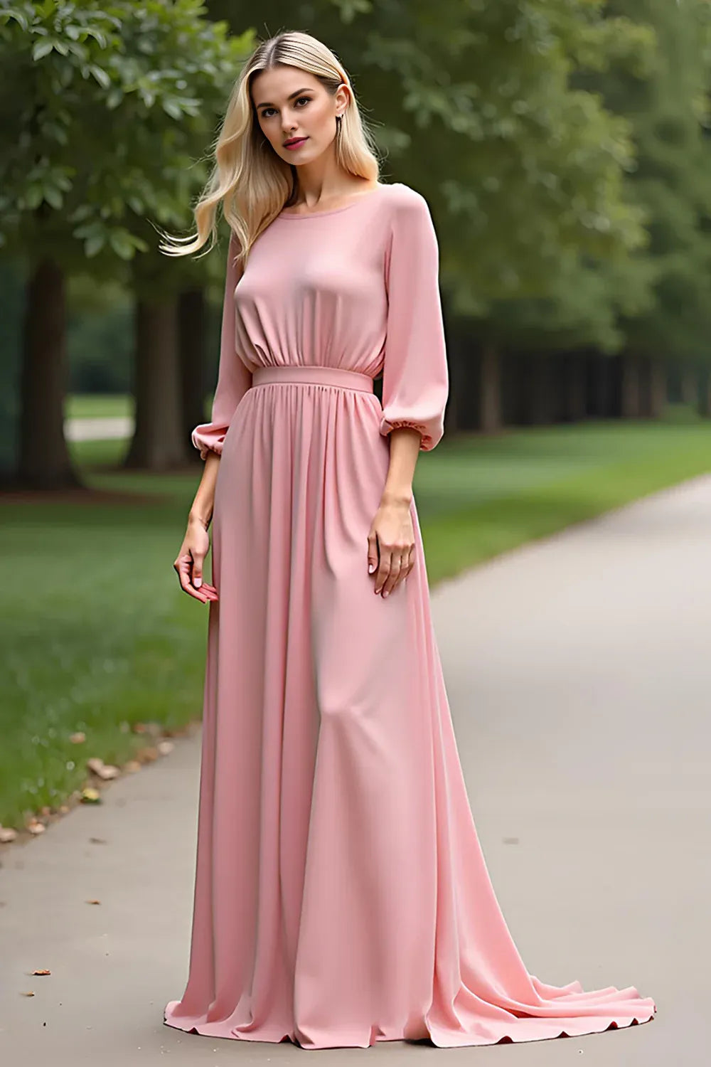 Simple A Line Scoop Neck Half Sleeves Backless Sweep/Brush Train Mother of the Bride Dress