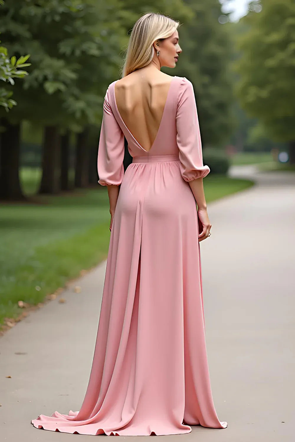 Simple A Line Scoop Neck Half Sleeves Backless Sweep/Brush Train Mother of the Bride Dress