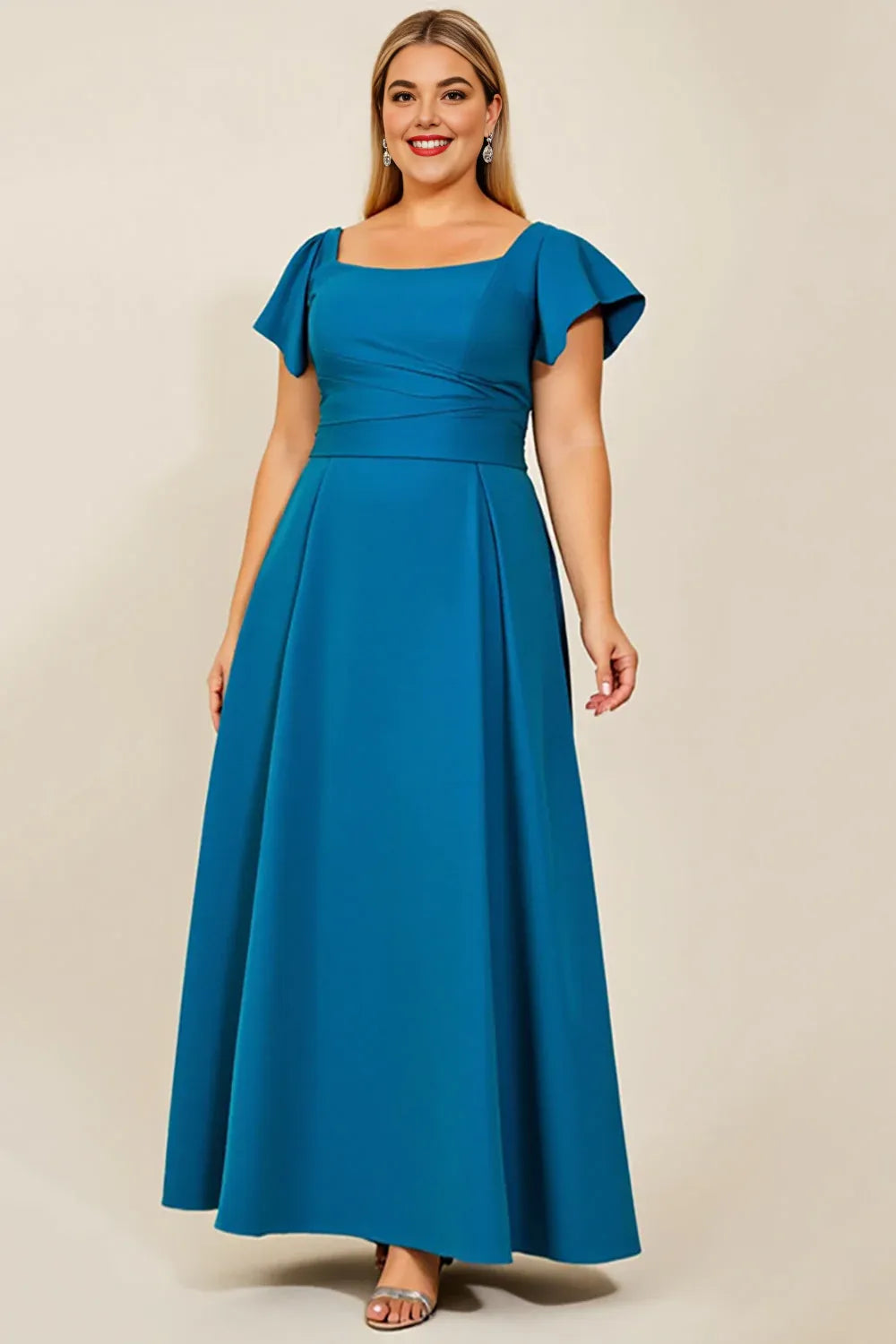 Simple A Line Square Neck Flutter Sleeve Backless Floor-Length Plus Size Mother of the Bride Dress