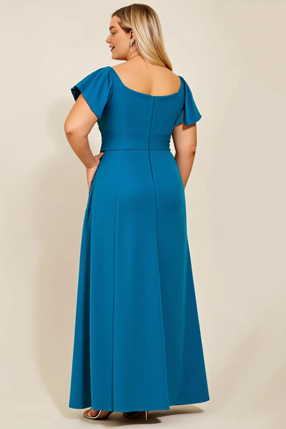 Simple A Line Square Neck Flutter Sleeve Backless Floor-Length Plus Size Mother of the Bride Dress