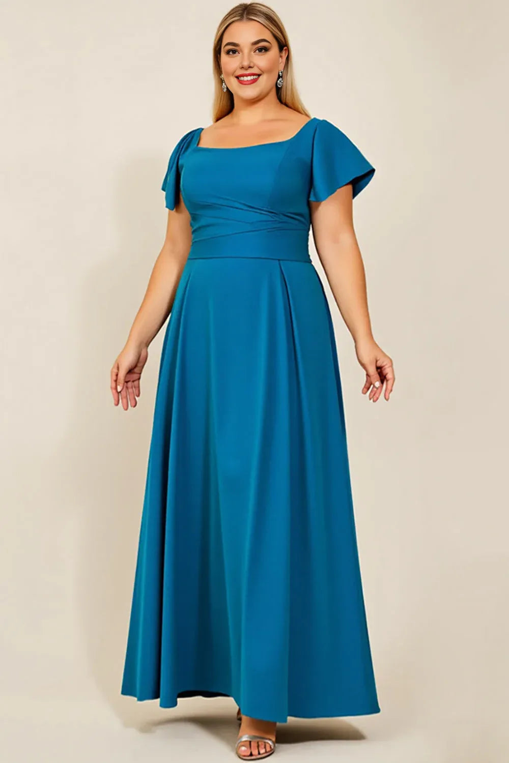 Simple A Line Square Neck Flutter Sleeve Backless Floor-Length Plus Size Mother of the Bride Dress