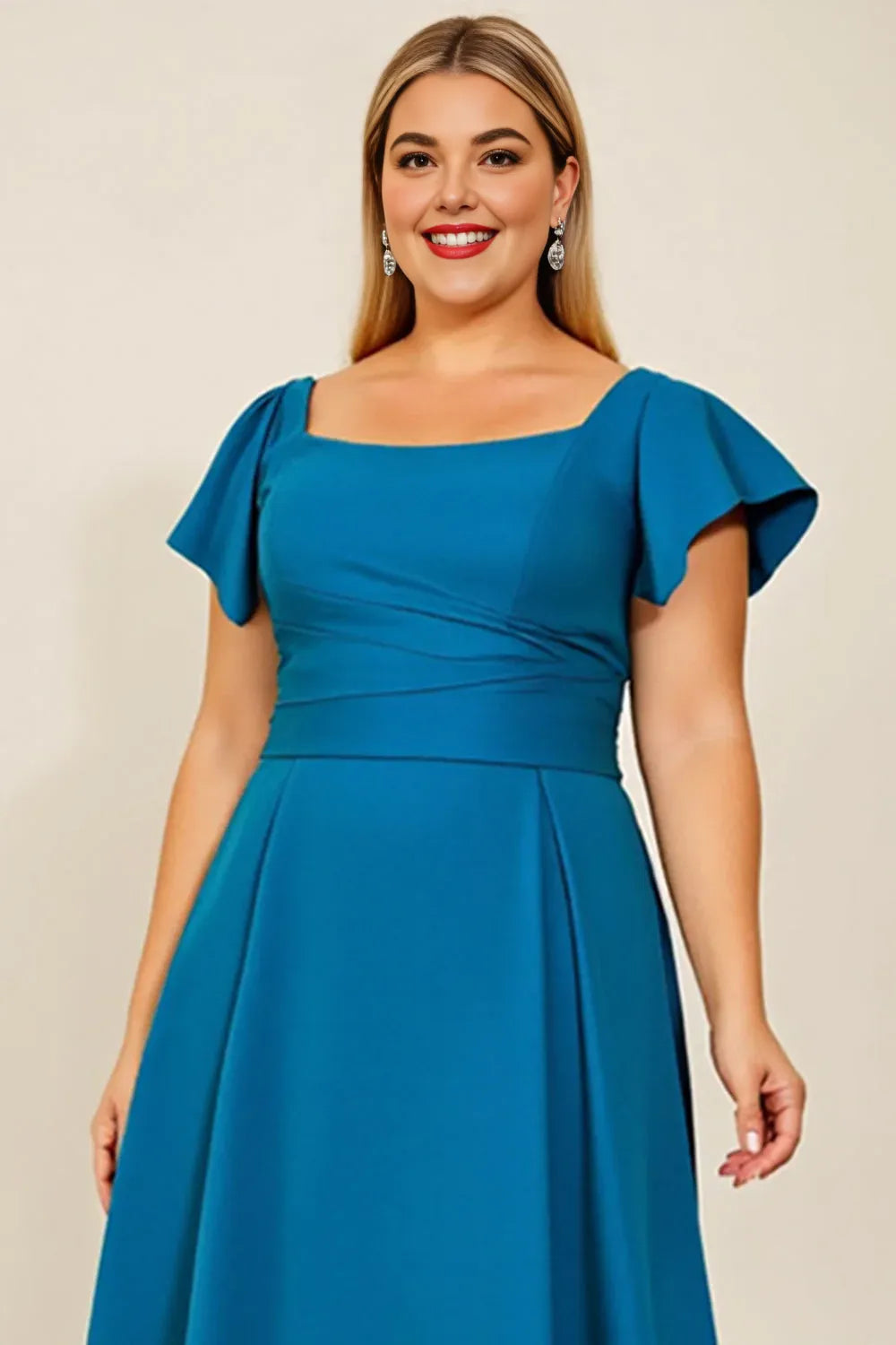 Simple A Line Square Neck Flutter Sleeve Backless Floor-Length Plus Size Mother of the Bride Dress