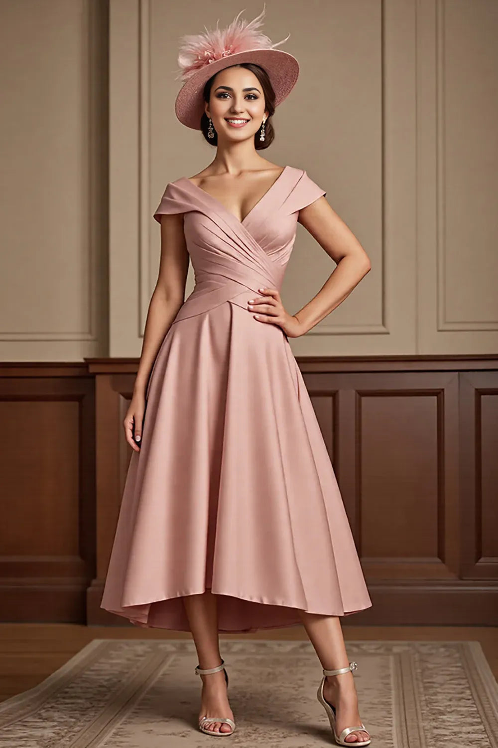 Simple A Line V-Neck Cap Sleeve V Back Tea-Length Mother of the Bride Dress