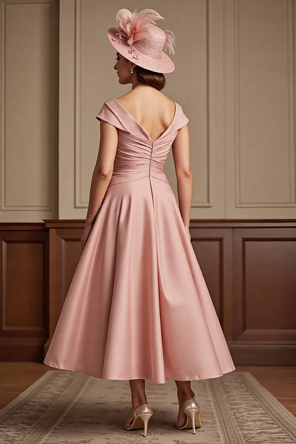 Simple A Line V-Neck Cap Sleeve V Back Tea-Length Mother of the Bride Dress