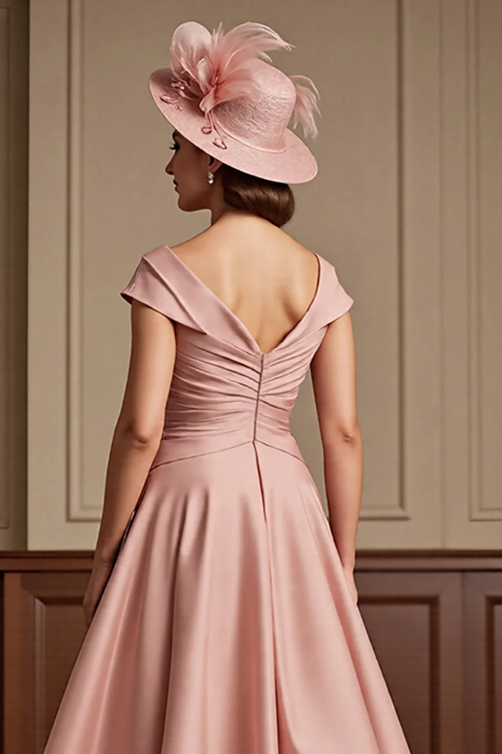 Simple A Line V-Neck Cap Sleeve V Back Tea-Length Mother of the Bride Dress