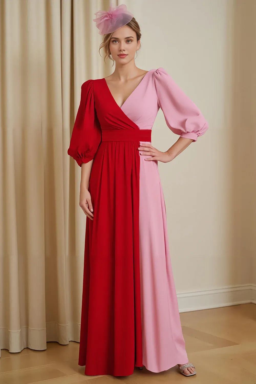 Simple A Line V-Neck Long Sleeve Backless Floor-Length Mother of the Bride Dress