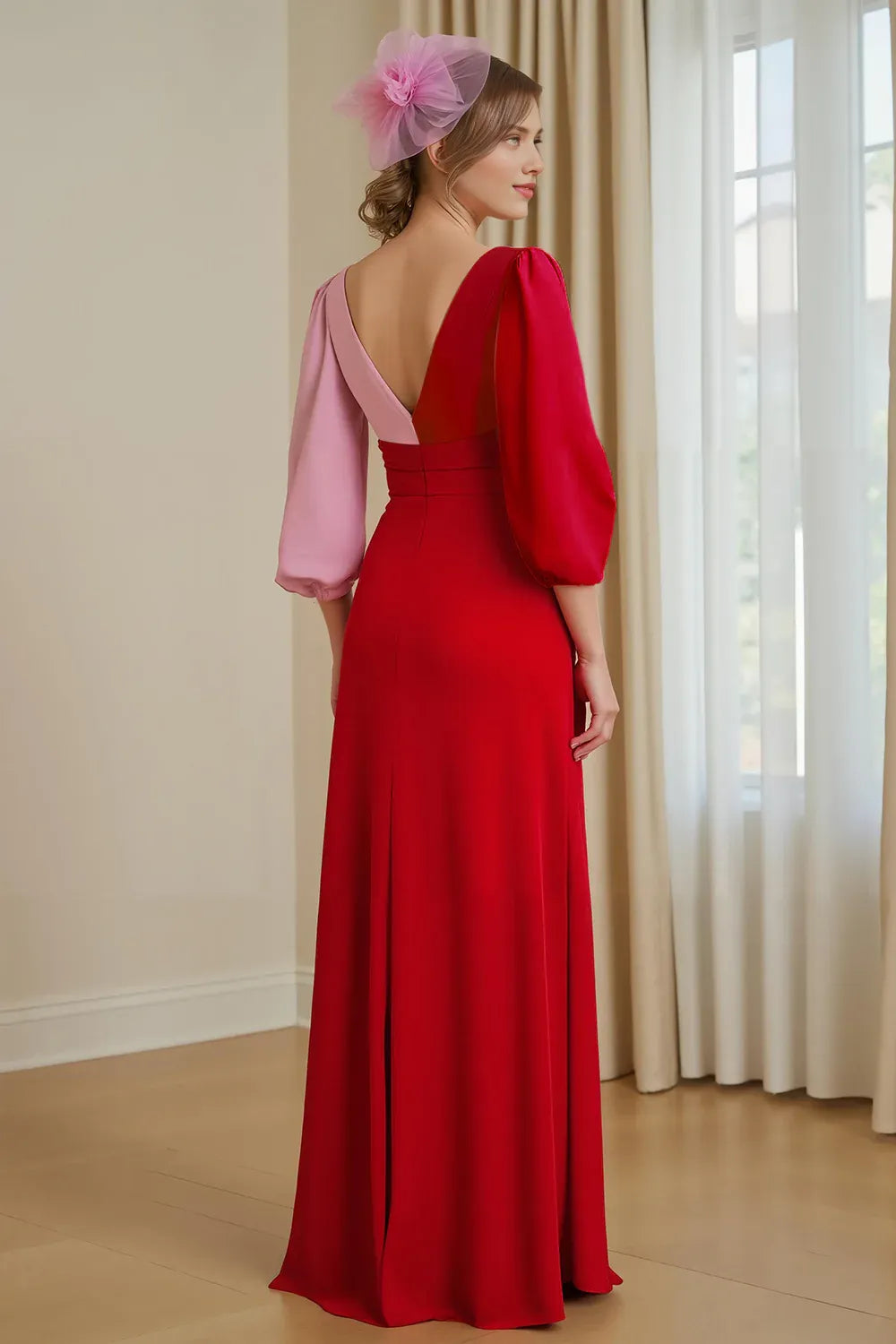 Simple A Line V-Neck Long Sleeve Backless Floor-Length Mother of the Bride Dress