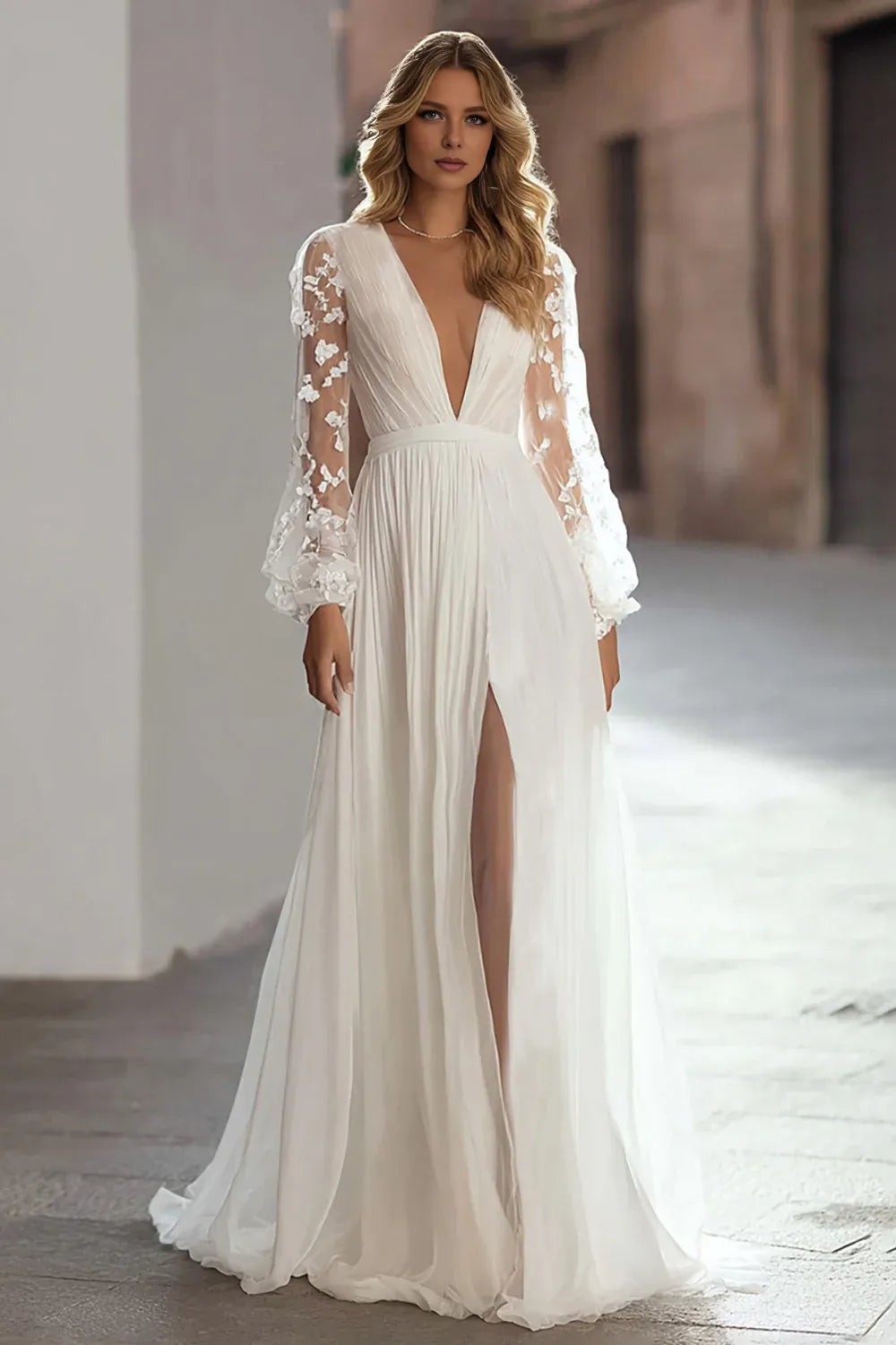 Simple A Line V-Neck Long Sleeve Pleated Lace Up Sweep Train Wedding Dress