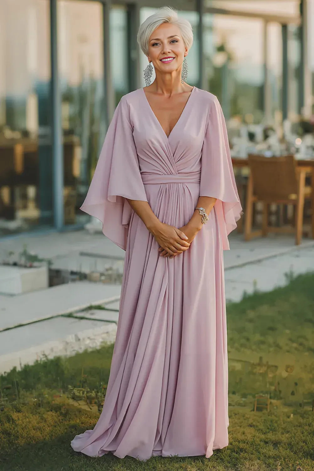 Simple A Line V Neck Long Sleeve Chiffon Ruched Floor-Length Mother of the Bride Dress