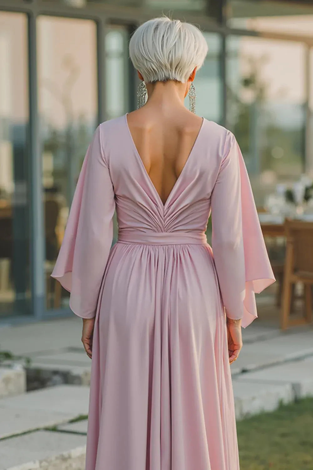 Simple A Line V Neck Long Sleeve Chiffon Ruched Floor-Length Mother of the Bride Dress