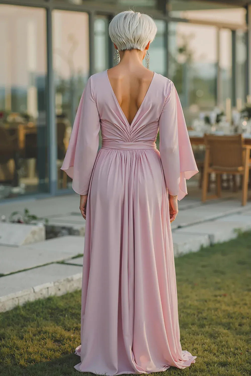 Simple A Line V Neck Long Sleeve Chiffon Ruched Floor-Length Mother of the Bride Dress