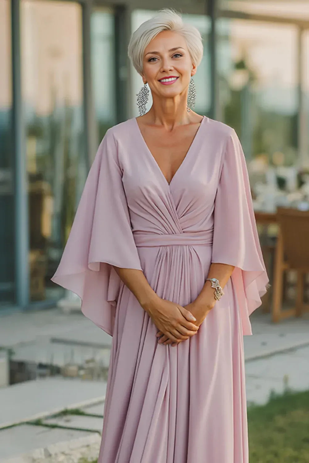 Simple A Line V Neck Long Sleeve Chiffon Ruched Floor-Length Mother of the Bride Dress