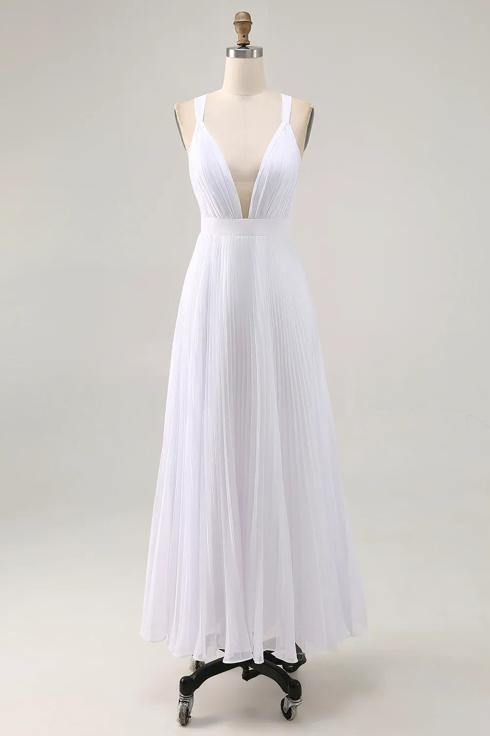 Simple A Line V Neck Sleeveless Pleats Chiffon Ankle-Length Wedding Dress