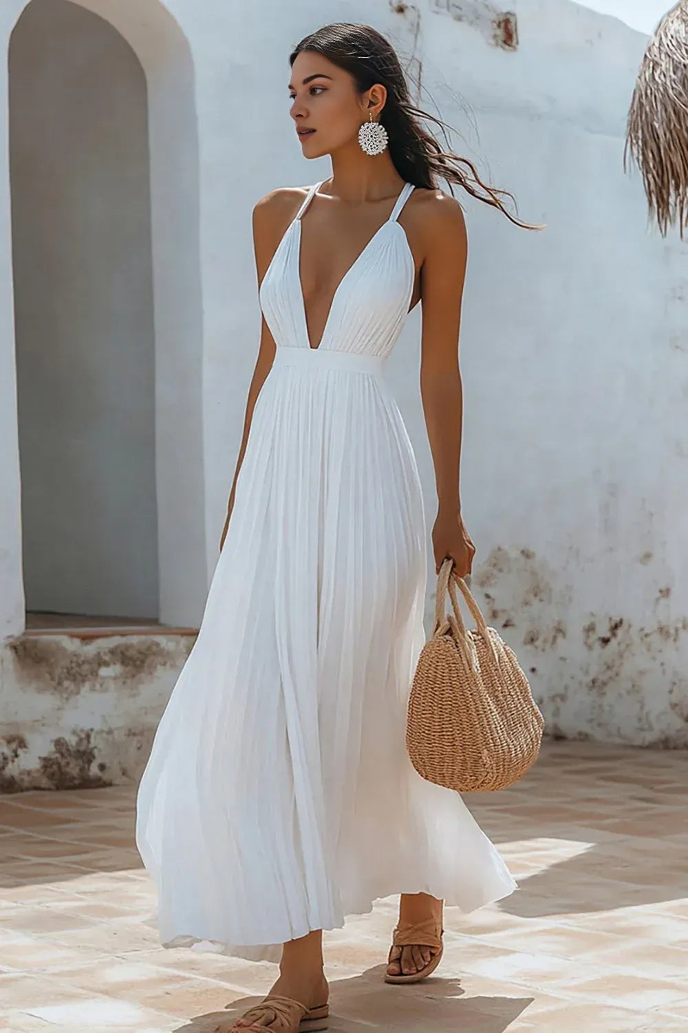 Simple A Line V Neck Sleeveless Pleats Chiffon Ankle-Length Wedding Dress