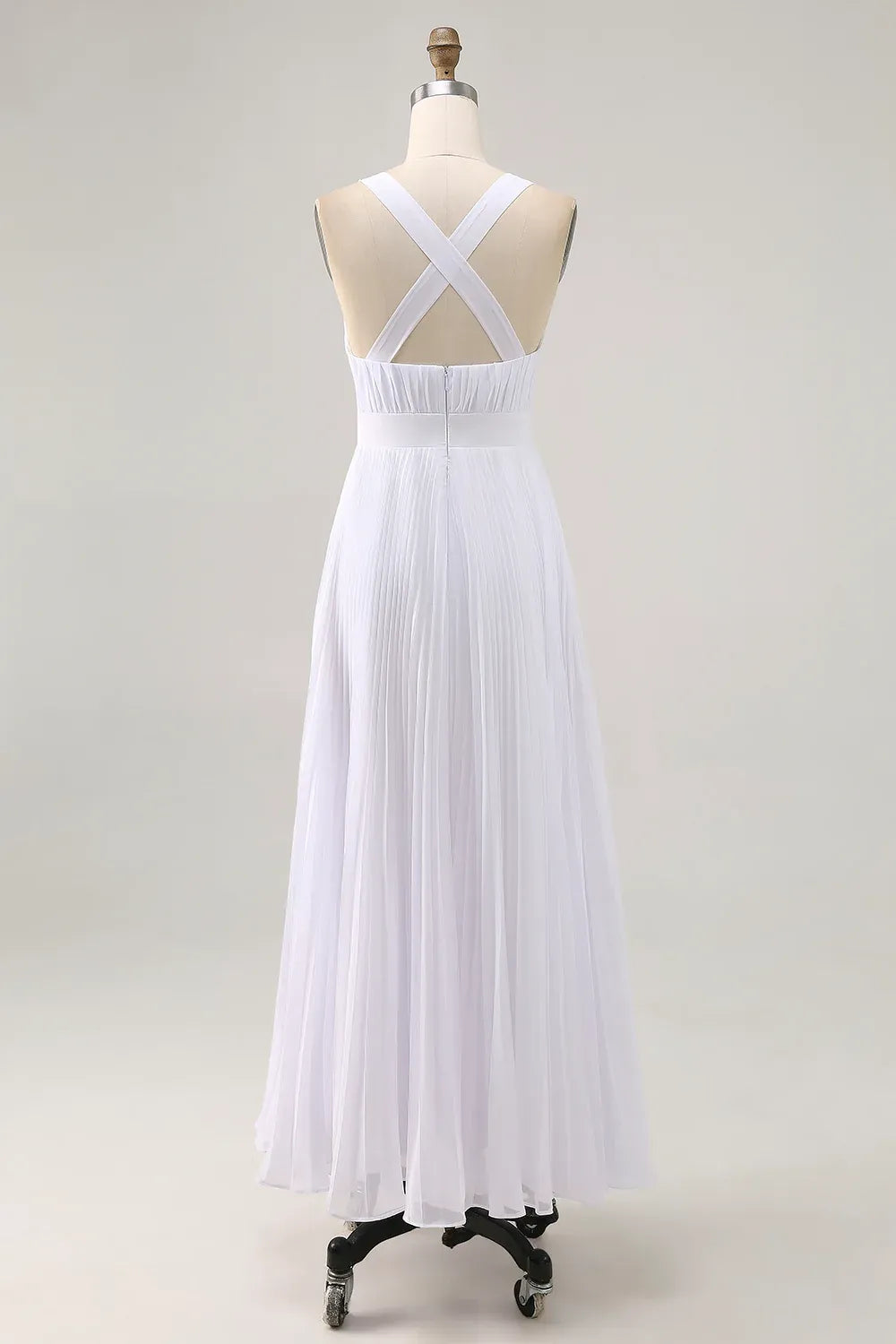 Simple A Line V Neck Sleeveless Pleats Chiffon Ankle-Length Wedding Dress