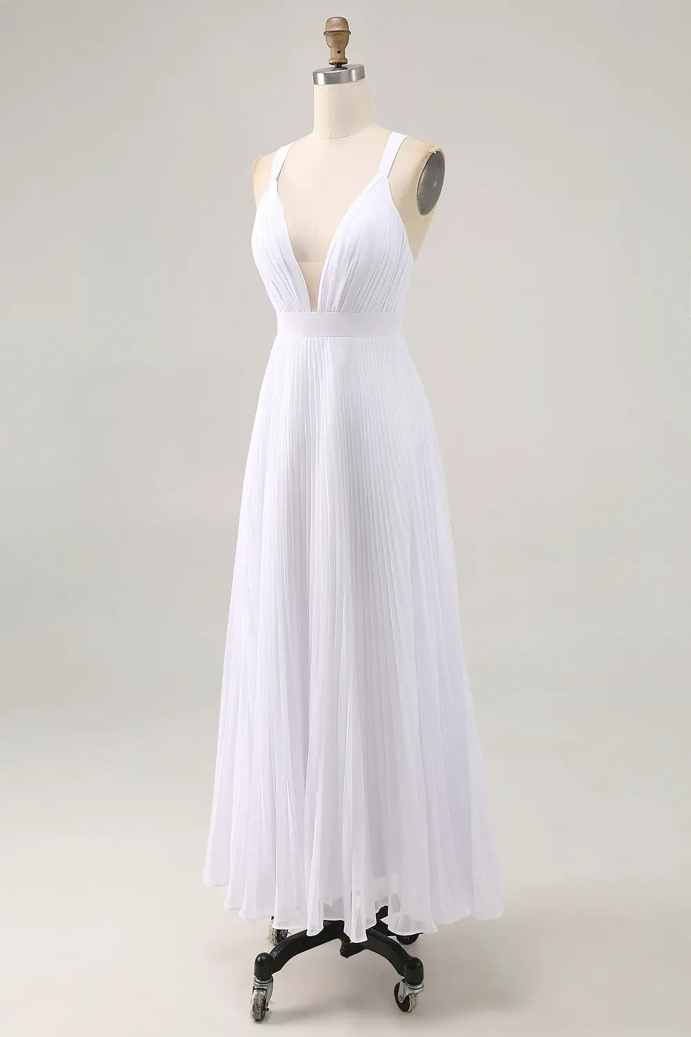 Simple A Line V Neck Sleeveless Pleats Chiffon Ankle-Length Wedding Dress