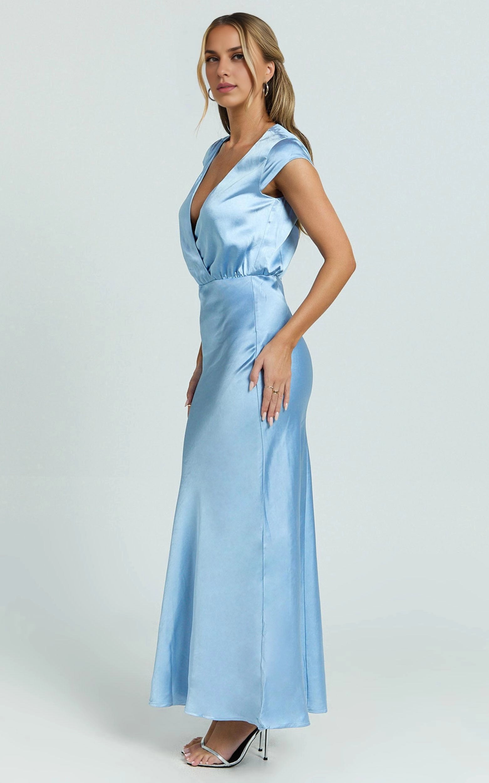 Weitese Dress Simple Cap Sleeve V Neck Maxi Dress Satin Full Coverage Back Blue Mermaid Evening Dress
