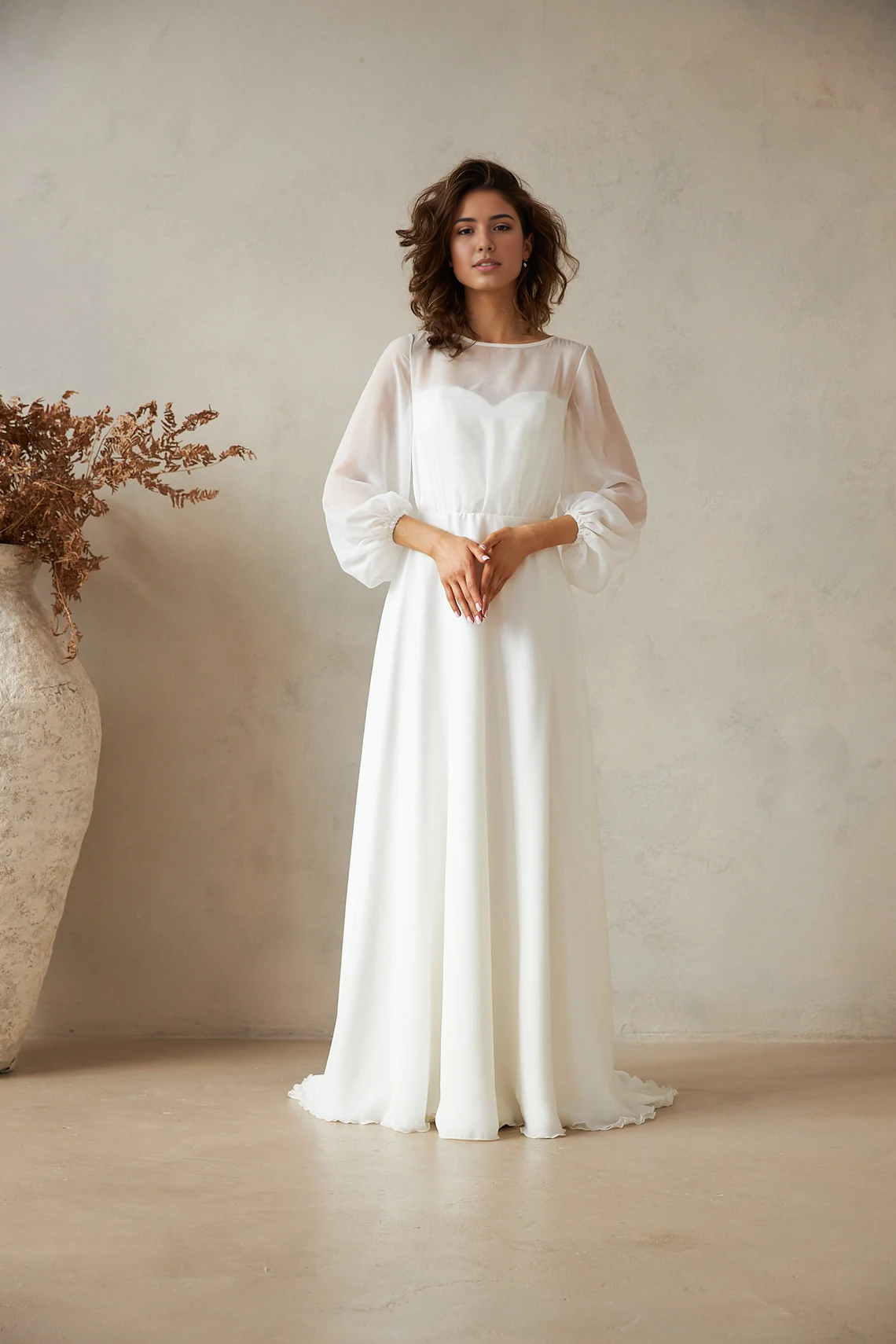 Simple Chiffon Wedding Dress Long Sleeve A-line Wedding Dress Minimalist Boat Neckline Wedding Dress Floor Length