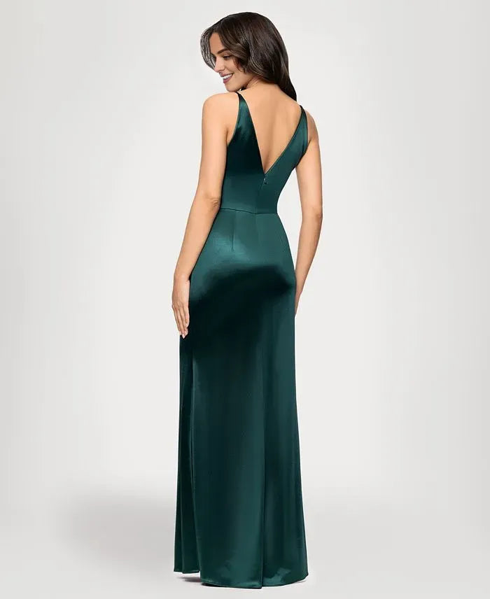 Simple Column V Neck Sleeveless Ruffles Satin Floor-Length Prom Dress