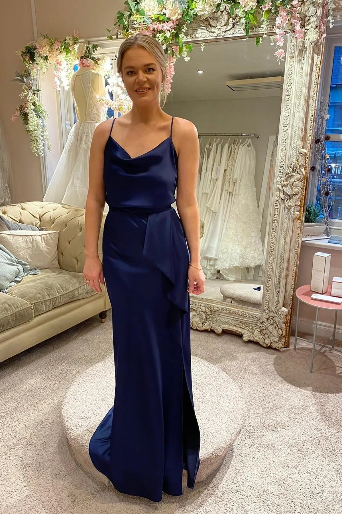 Simple Cowl Neck Sleeveless A-Line Ruched Satin Floor-Length Bridesmaid Dress
