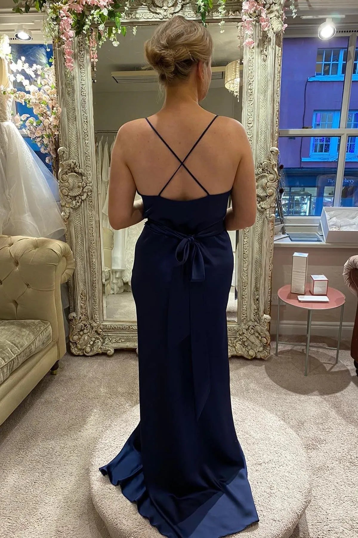 Simple Cowl Neck Sleeveless A-Line Ruched Satin Floor-Length Bridesmaid Dress