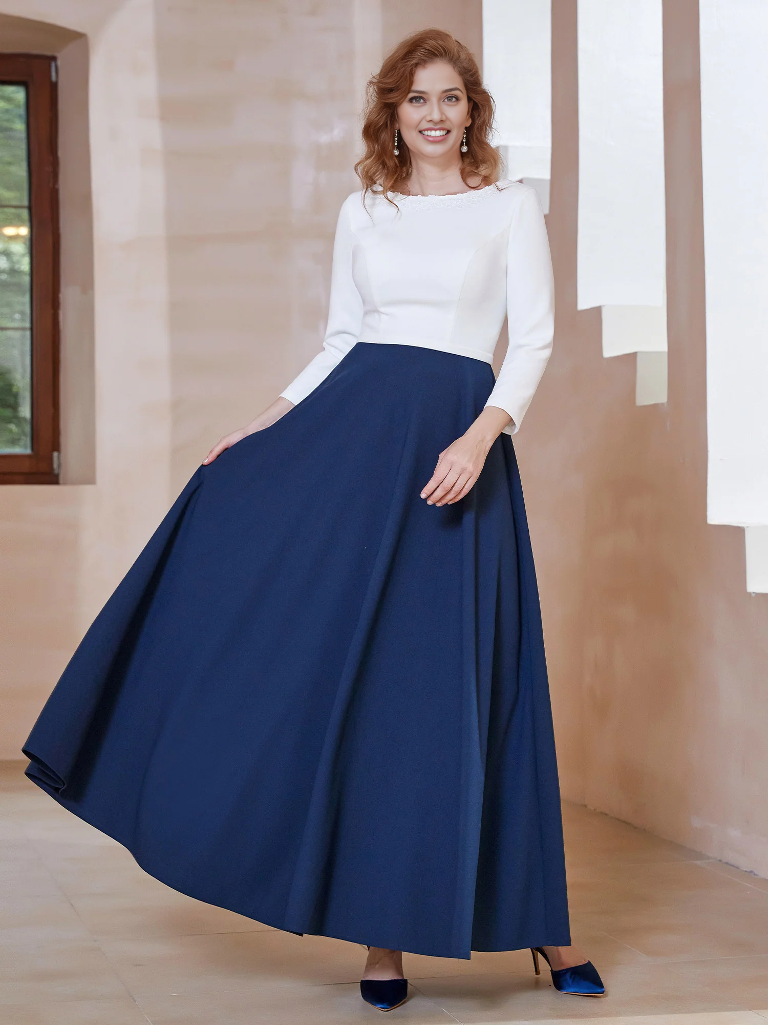 Robe de mère de la mariée simple et élégante, décolleté dégagé, longueur cheville, manches longues