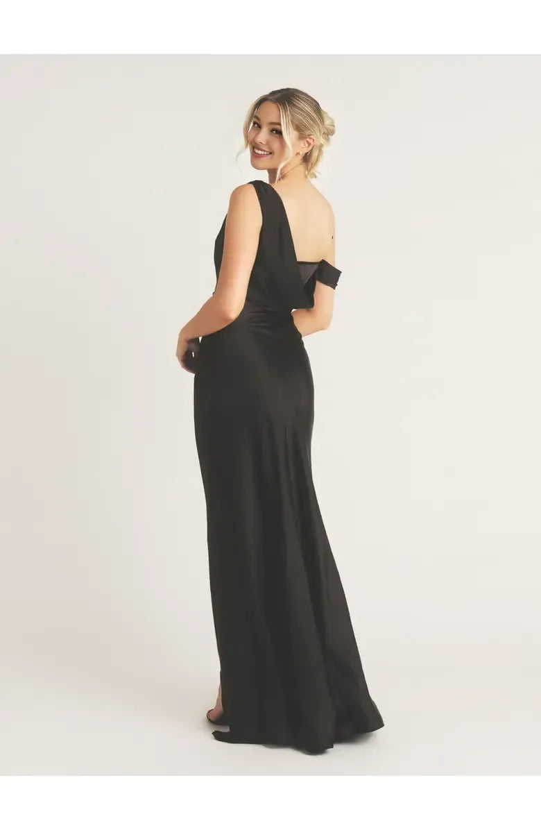 Simple Fitted Asymmetric Neck Sleeveless Satin Floor-Length Prom Dress