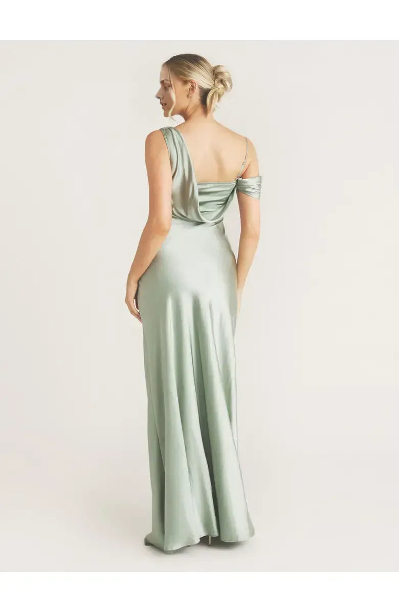 Simple Fitted Asymmetric Neck Sleeveless Satin Floor-Length Prom Dress