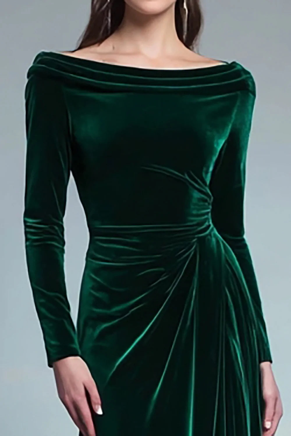 Simple Fitted Boat-Neck Long Sleeve Velvet Sweep/Brush Train Evening Dress
