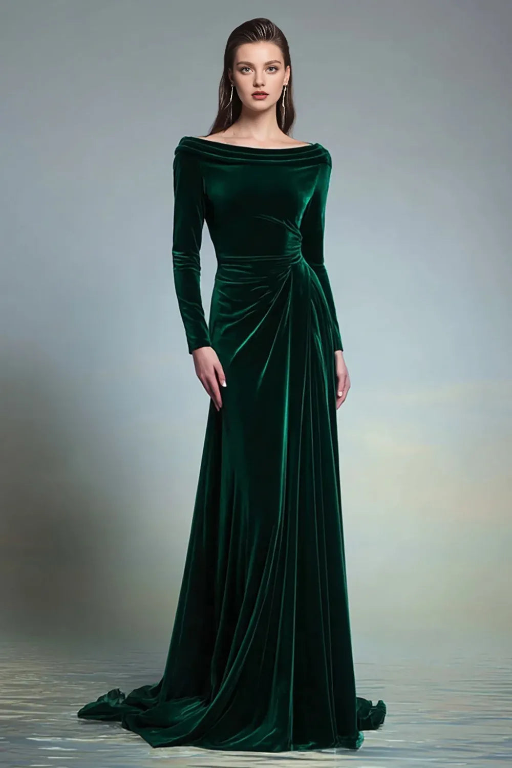 Simple Fitted Boat-Neck Long Sleeve Velvet Sweep/Brush Train Evening Dress