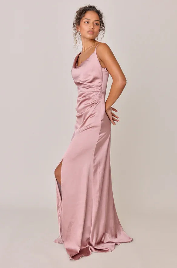 Simple Fitted Cowl Neck Sleeveless Satin Floor-Length Prom Dress