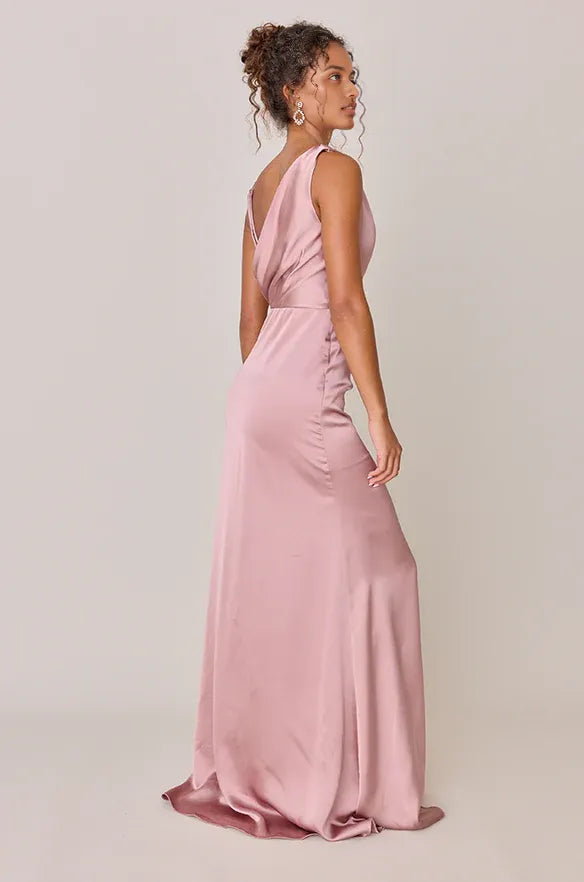 Simple Fitted Cowl Neck Sleeveless Satin Floor-Length Prom Dress