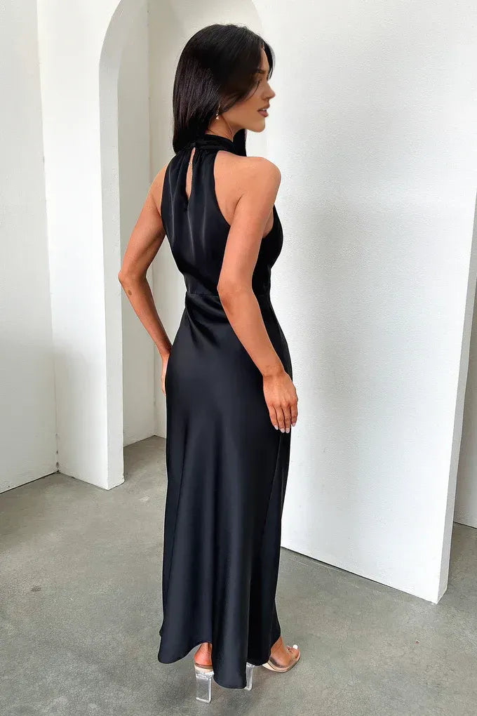 Simple Fitted High Neck Sleeveless Pleated Satin Floor-Length Prom Dress