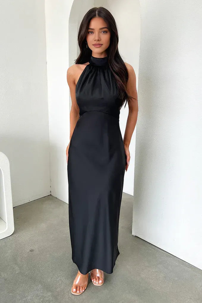 Simple Fitted High Neck Sleeveless Pleated Satin Floor-Length Prom Dress
