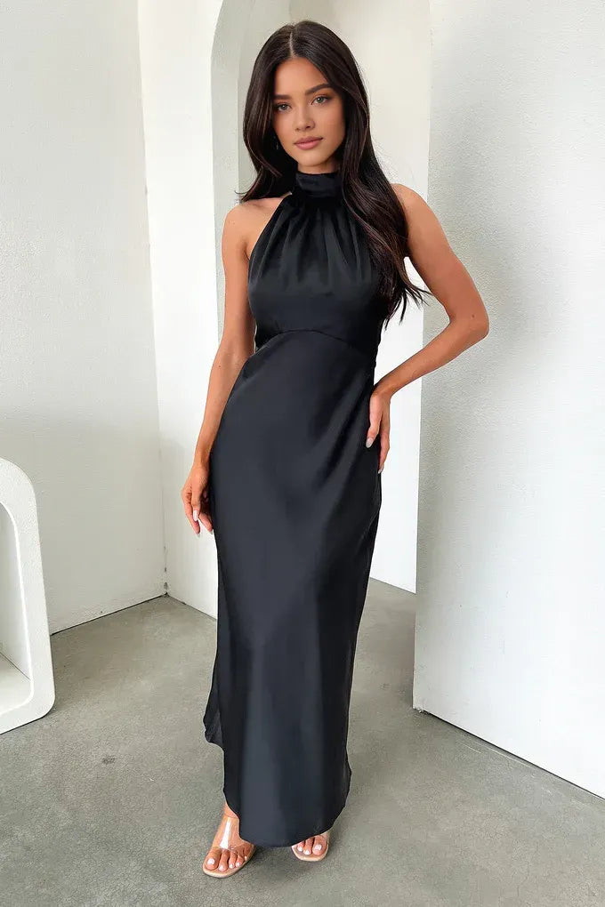 Simple Fitted High Neck Sleeveless Pleated Satin Floor-Length Prom Dress